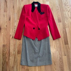 Vtg Kasper for ASL Womens 2-pc suit Red Black Velvet Collar Jacket Houndstooth 4